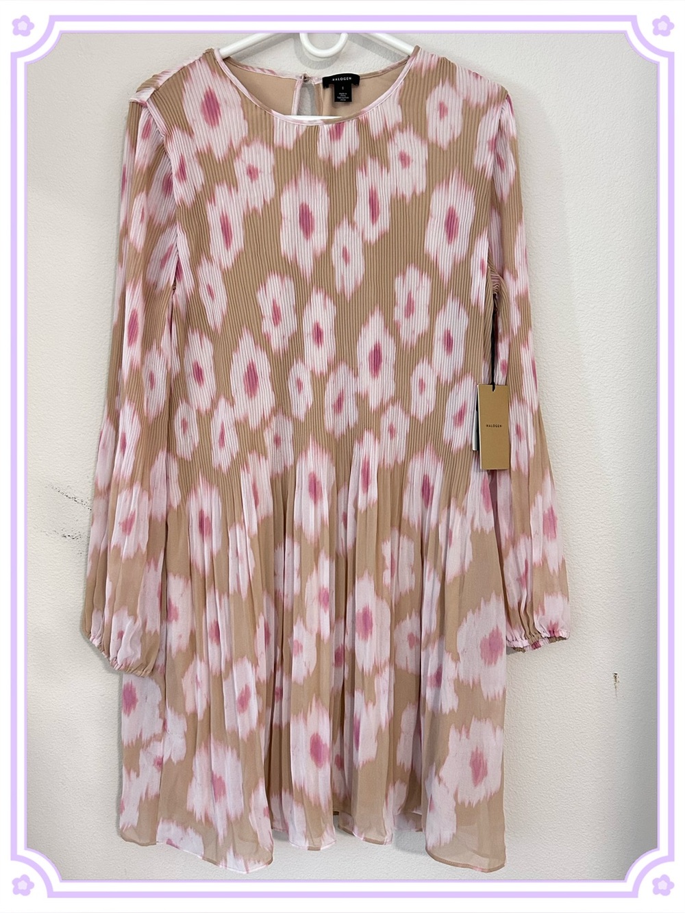 Halogen Pleated Plisse Long-Sleeve Ikat Dress Breezy Blooms Sz 1 NWT Boho Flowy
